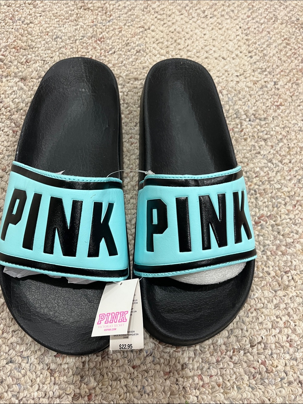 Vintage PINK Victoria's Secret Slides with Aqua Logo Strap New! Size Large 9-10